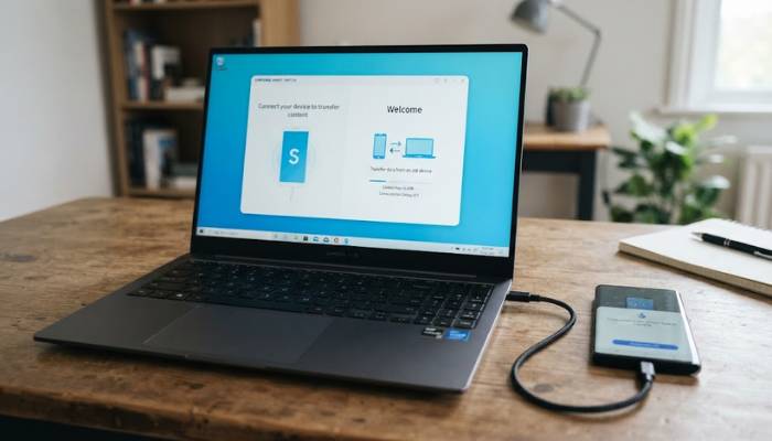 laptop running samsung smart switch software connected to a smartphone via usb cable laptop running samsung smart switch software connected to a smartphone via usb cable