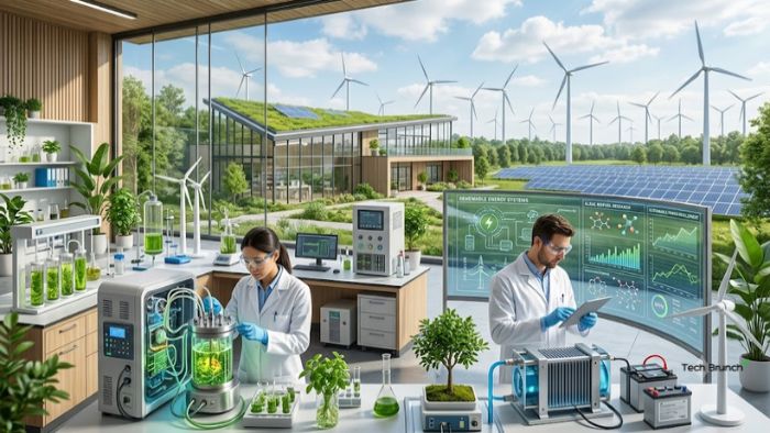 Green technology innovation concept featuring eco-friendly laboratory research and sustainable energy development